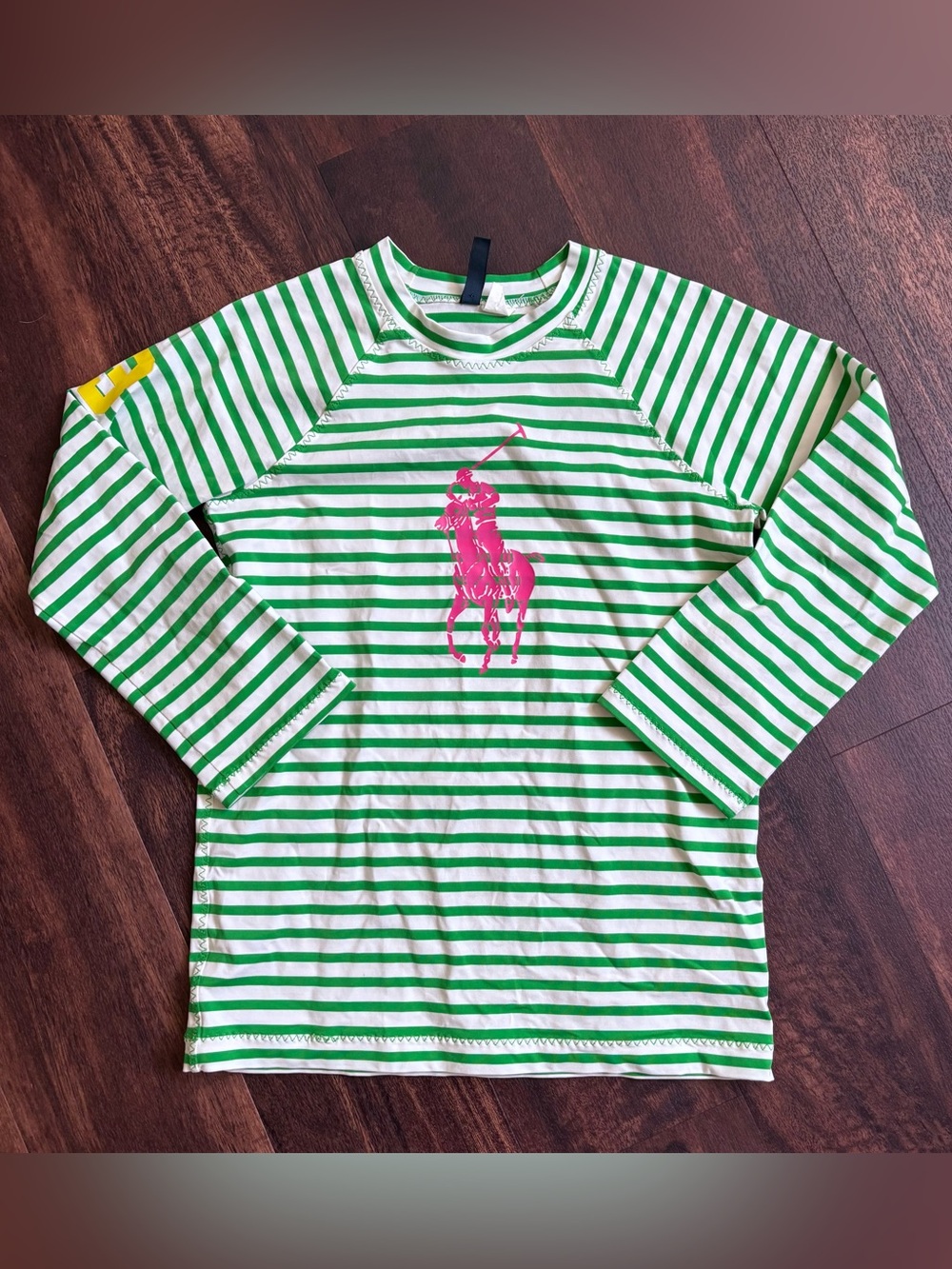 Ralph Lauren Green & White Striped Long Sleeve Pink Polo Logo rash guard swim